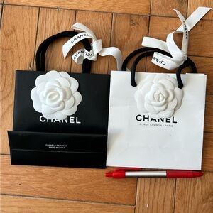 Two New Chanel Small Gift Bags with Camellia Flowers and Ribbon